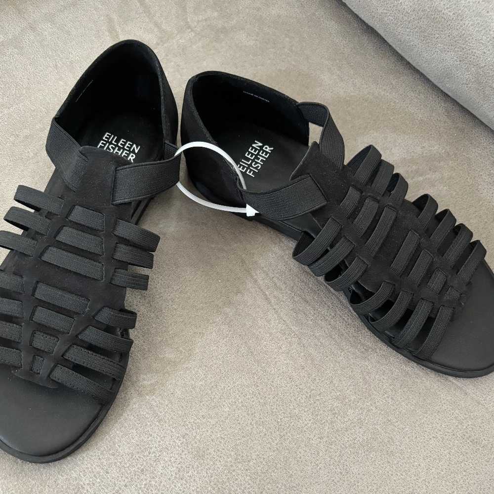 Eileen Fisher Rato Black Tumbled Nubuck & Elastic Flat Sandals 5.5  NEW